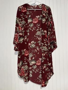 My Beloved Womens Floral Kimono Cardigan Open Front Size M Burgundy Duster Boho